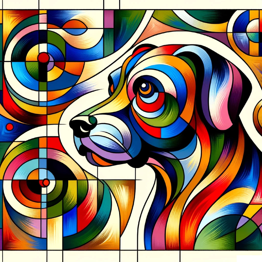Digital artwork of a dog with a vibrant geometric pattern on a teal background