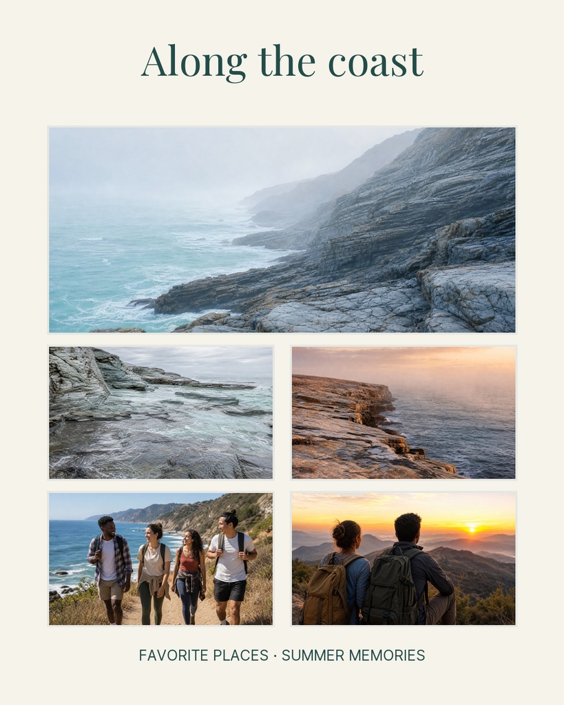 Portrait photo collage template with coastal landscapes and travel photos under the title Along the coast.