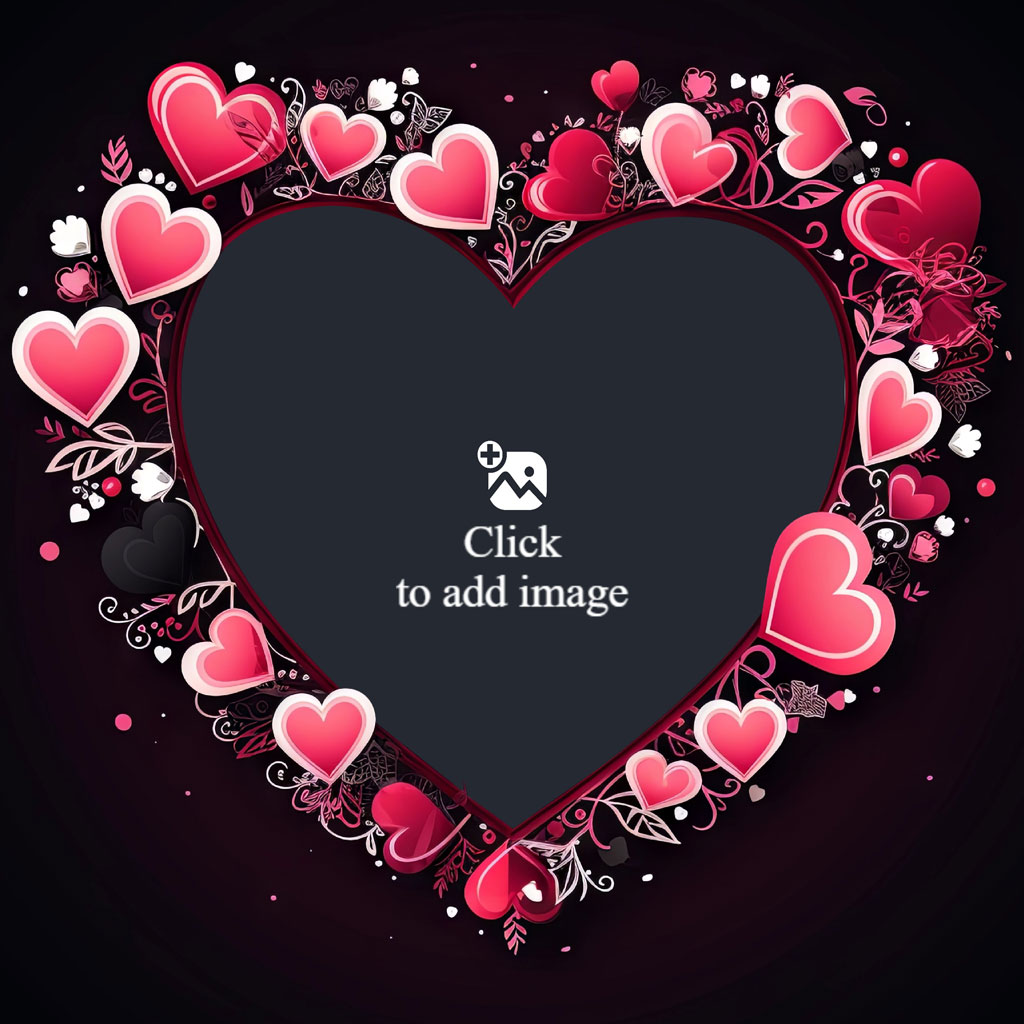 A decorative heart frame with various hearts and floral elements on a dark background.