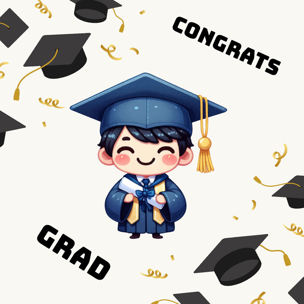 Cartoon graduate with cap and gown surrounded by graduation caps and confetti