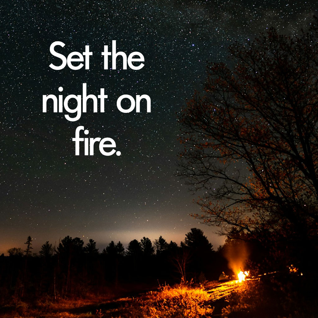 A forest at night with a campfire and starry sky.