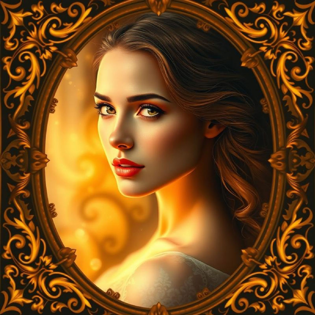 A digital artwork of a woman's portrait in an ornate golden frame