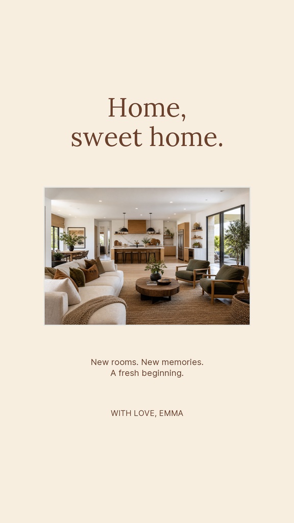 Beige story design with the words Home, sweet home and a living room photo.