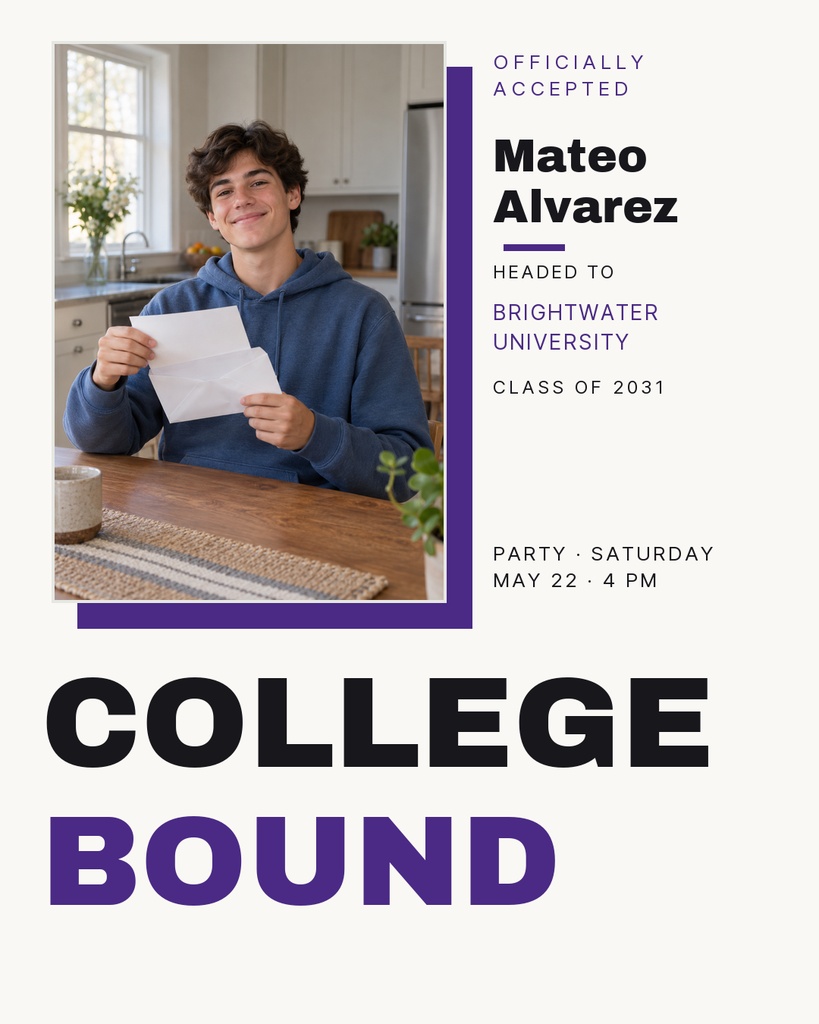 Portrait layout showing a smiling student holding an acceptance letter beside bold college bound text.