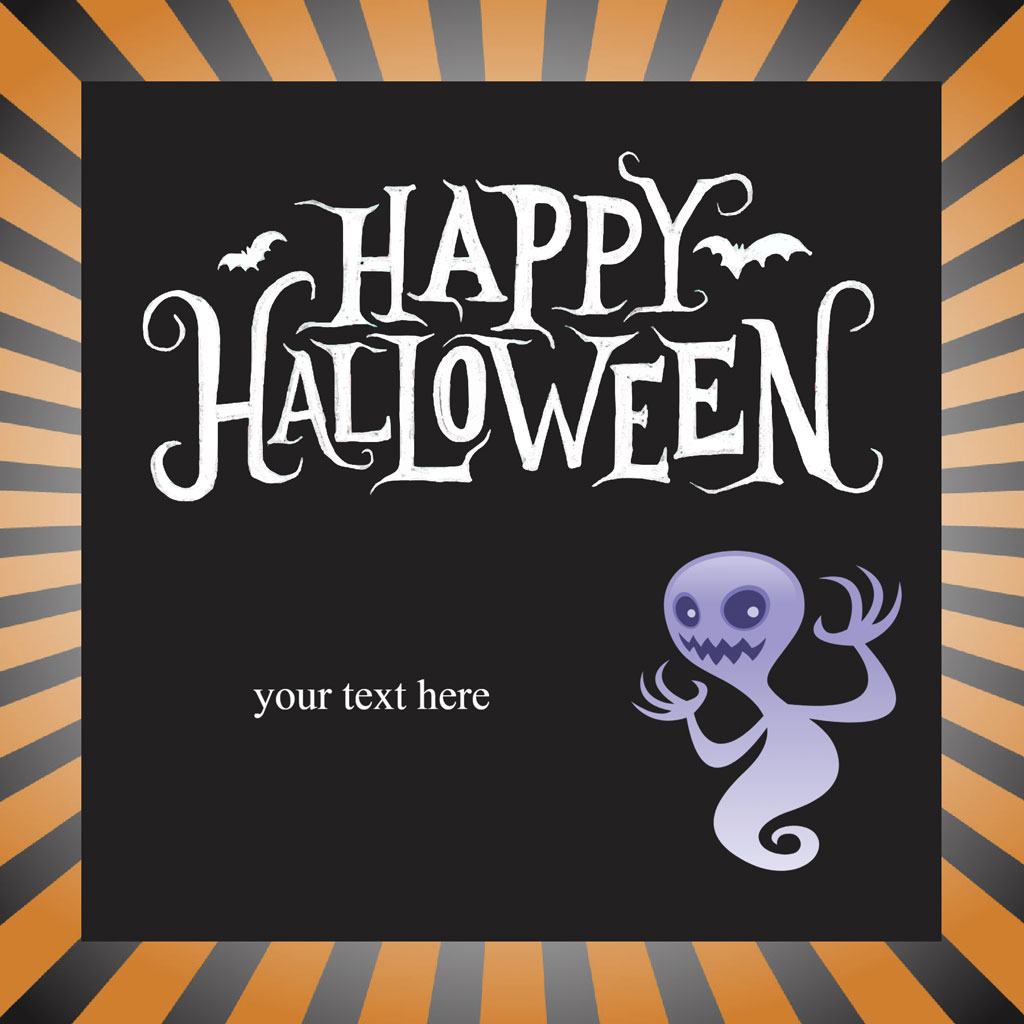Halloween greeting card with a ghost and bats
