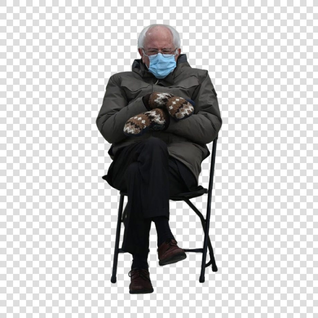 Bernie Sanders sitting in a chair with a mask and mittens
