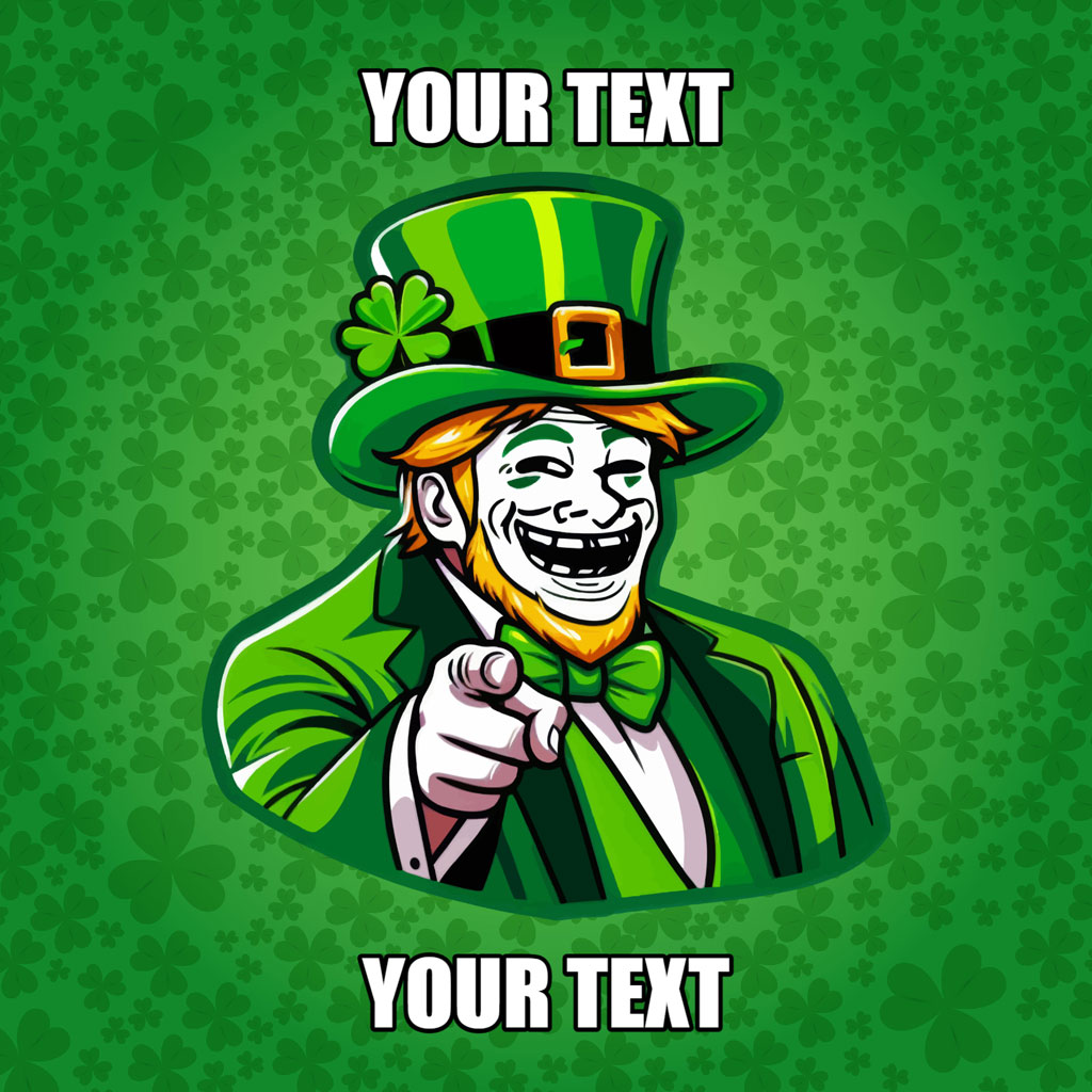 Cartoon leprechaun in green suit and hat pointing forward