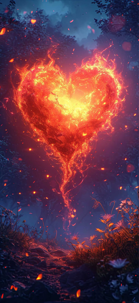 A heart-shaped flame amidst foliage and flowers