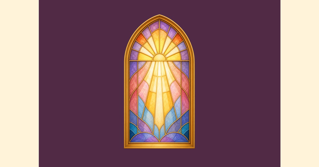 Stained glass window illustration centered on a purple background with cream side margins.