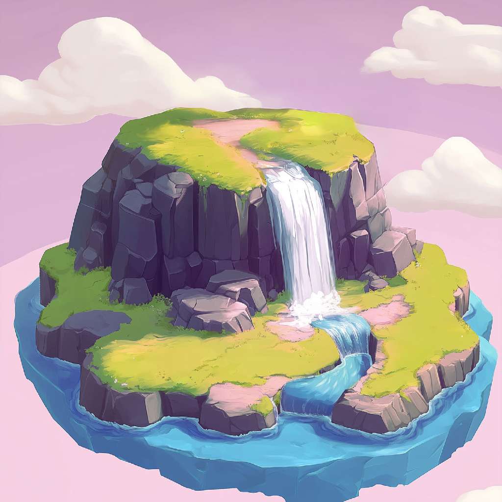 A cartoon-style illustration of a small island with a waterfall