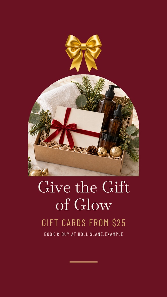 Vertical holiday gift card story with a gold bow, gift box, and spa bottles on burgundy background