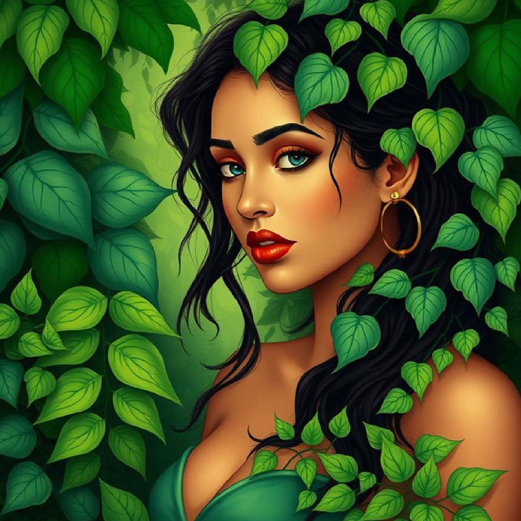 A woman with long black hair and green eyes is surrounded by leaves, wearing a green top and gold hoop earrings.