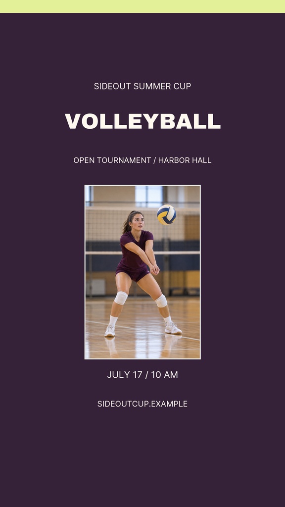 Purple Instagram story layout with a volleyball player photo and tournament text.