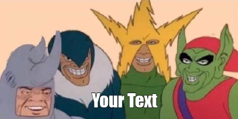 Four comic characters with smiling faces and the text 'Your Text' overlaid on the image.