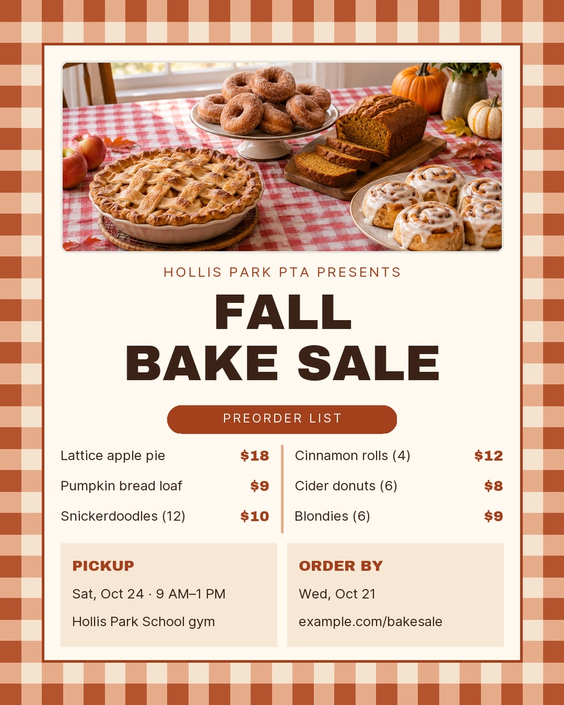 Portrait social post showing fall bake sale preorder prices with pies, pastries, and pumpkin decor.