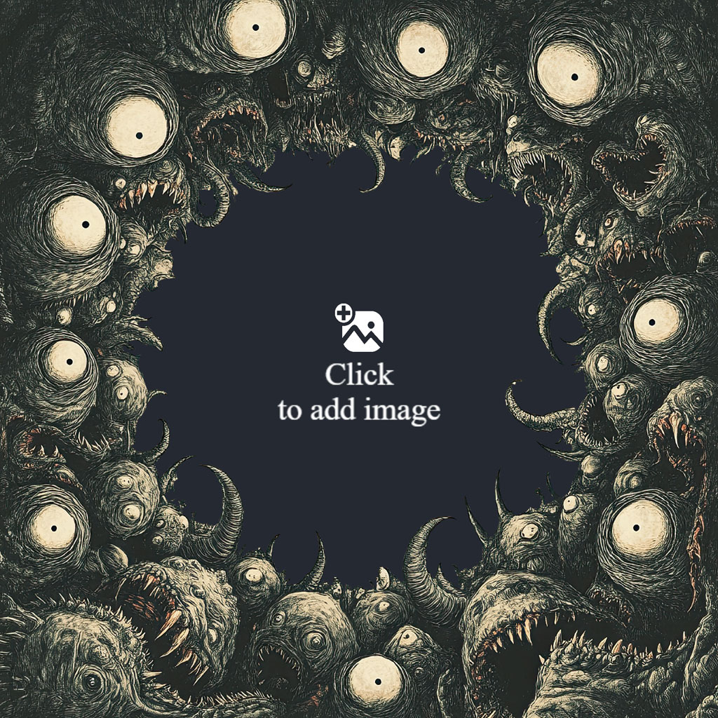 Illustration of a frame made of creepy monsters with large eyes and sharp teeth.