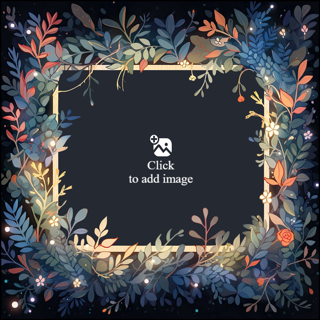 Family photo with 11 people in white clothing surrounded by a colorful leafy frame