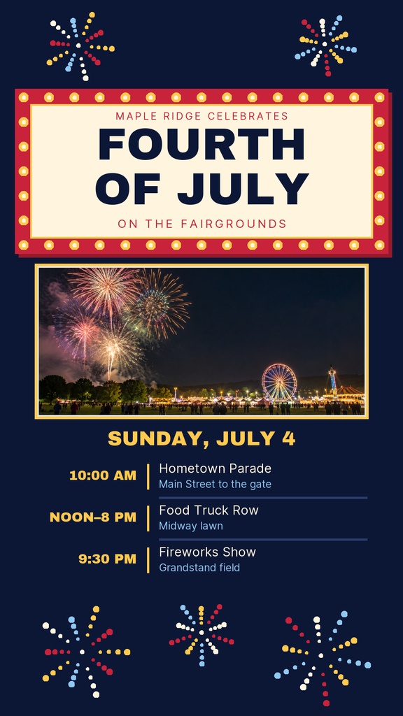 Portrait flyer with fireworks, a fairgrounds photo, and Fourth of July event details.