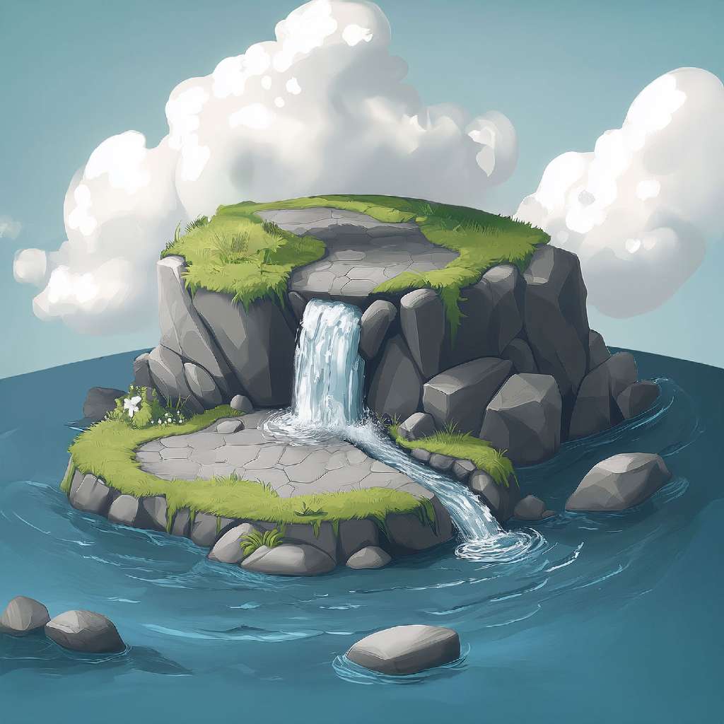 A cartoon island with a waterfall surrounded by water and fluffy clouds