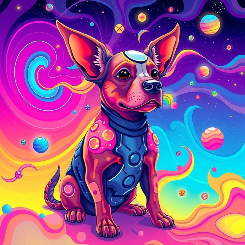 A colorful illustration of a woman with flowing hair amidst cosmic and psychedelic patterns.