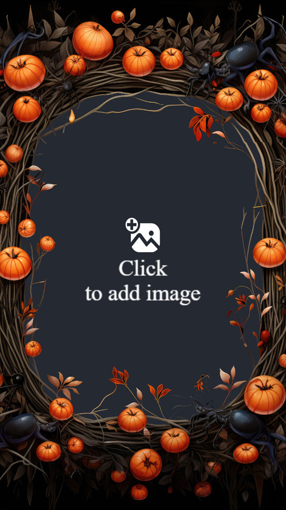 A Halloween-themed wreath frame with pumpkins and spiders on a dark background.