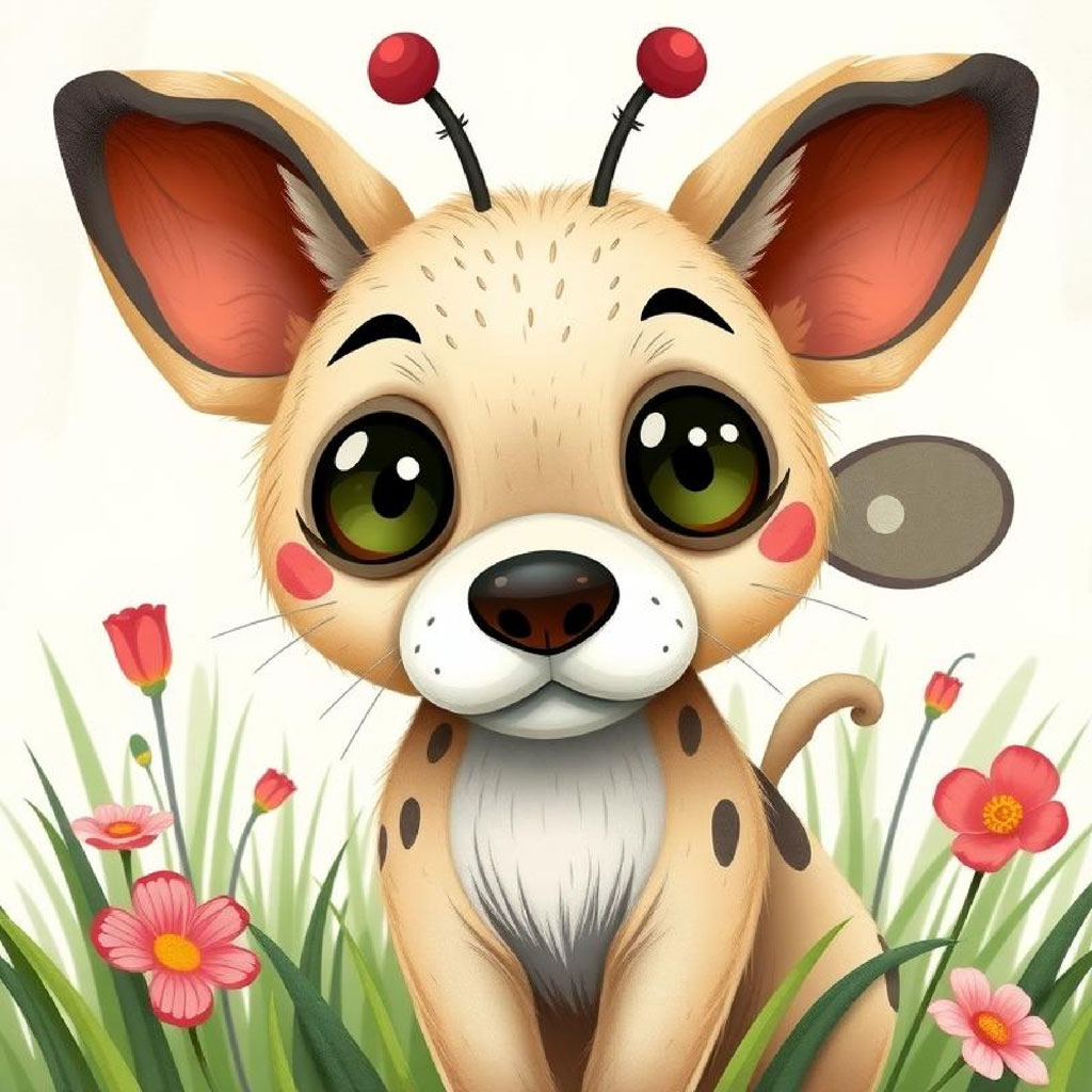 Three cartoon creatures with large eyes and antennae standing in a field of flowers