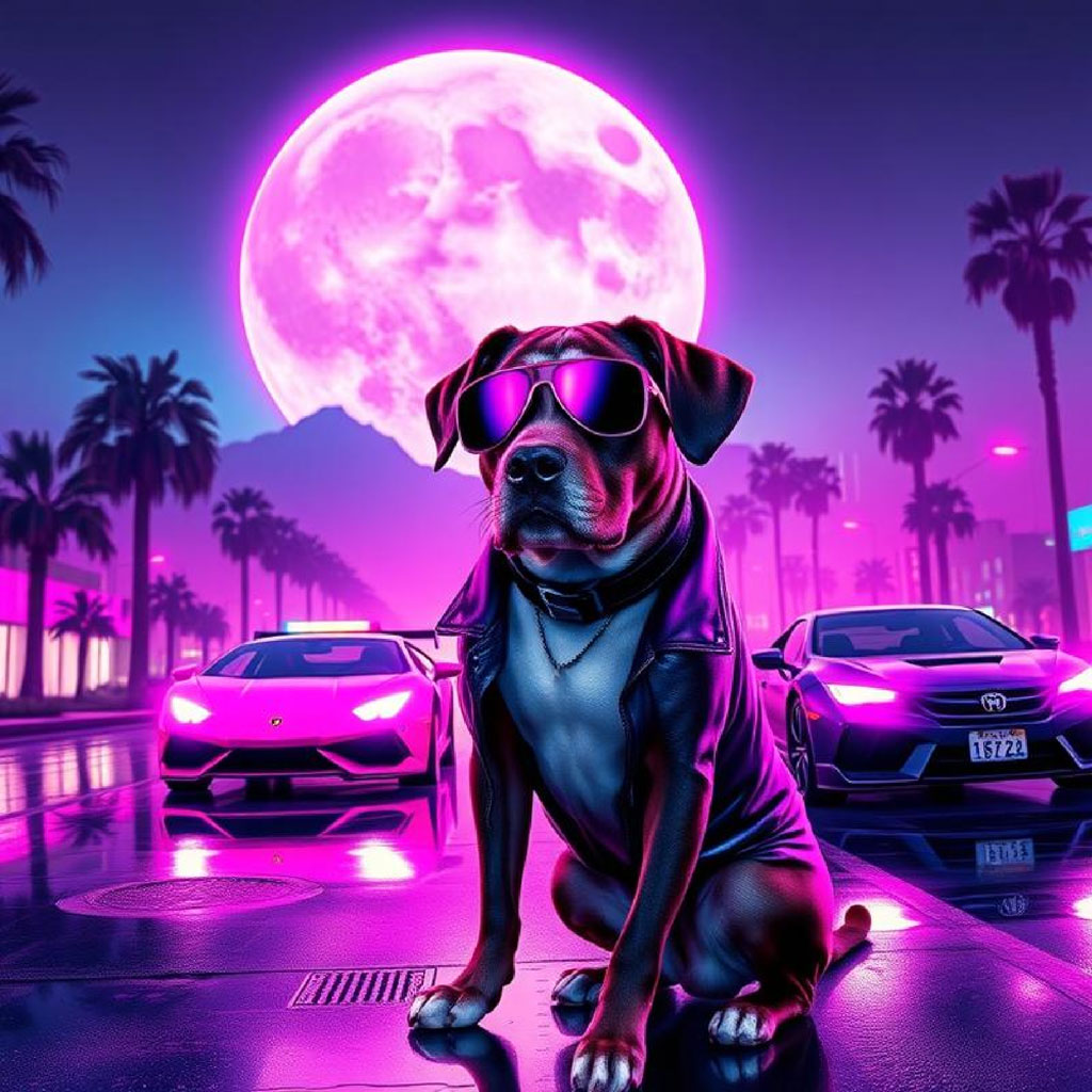 A man in a leather jacket standing on a neon-lit street at night with a full moon in the background.