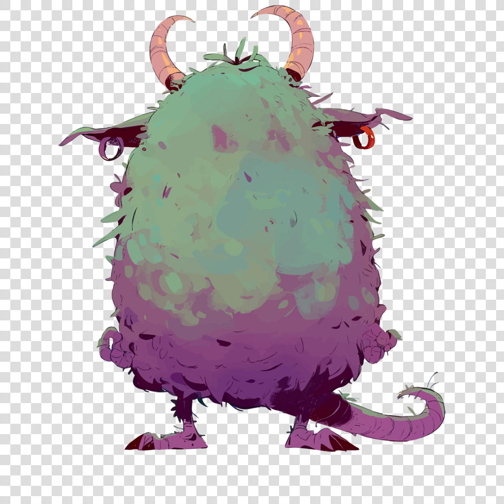 A colorful, whimsical creature with a round body, horns, and a long tail.