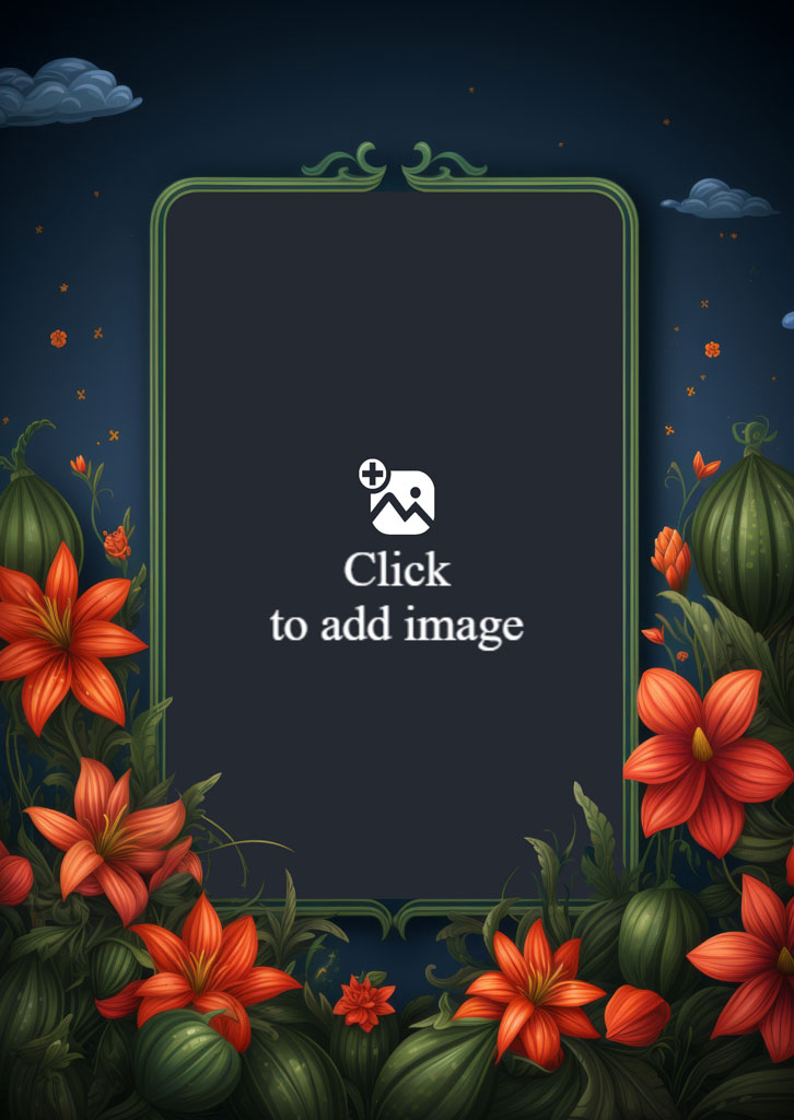 A digital illustration of a green frame surrounded by orange flowers and green pumpkins under a dark blue sky.