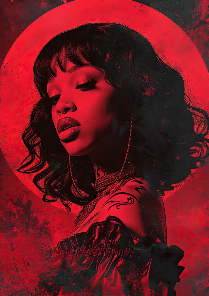 A woman with dark hair and a red background