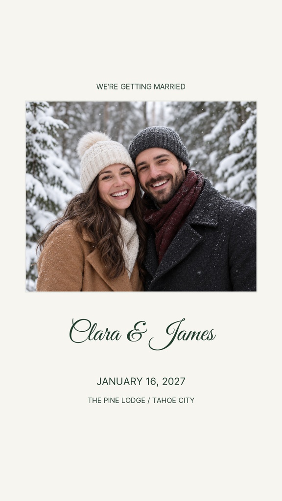Portrait wedding story template with a couple photo, snowy background, and elegant script text.