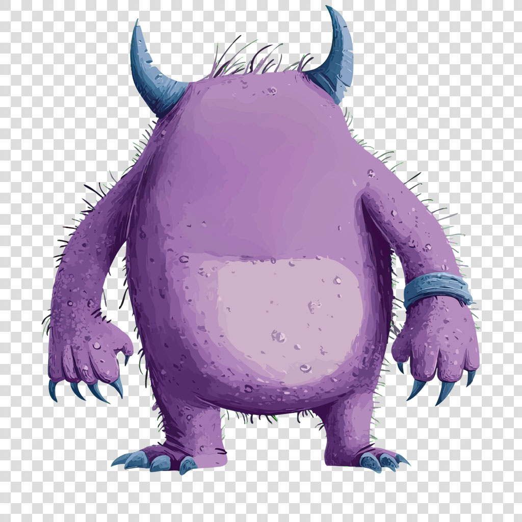Purple monster with blue horns and claws