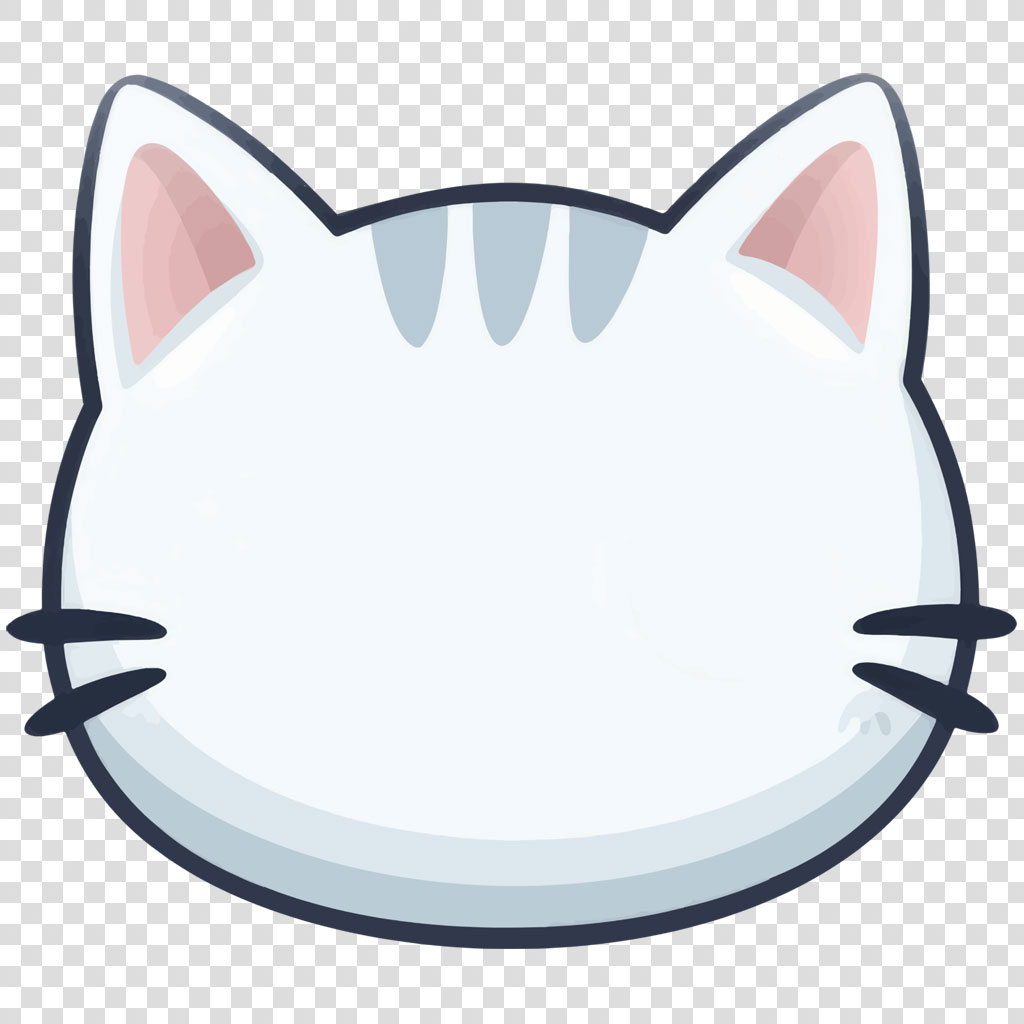 Cartoon white cat face with pink ears and three teeth