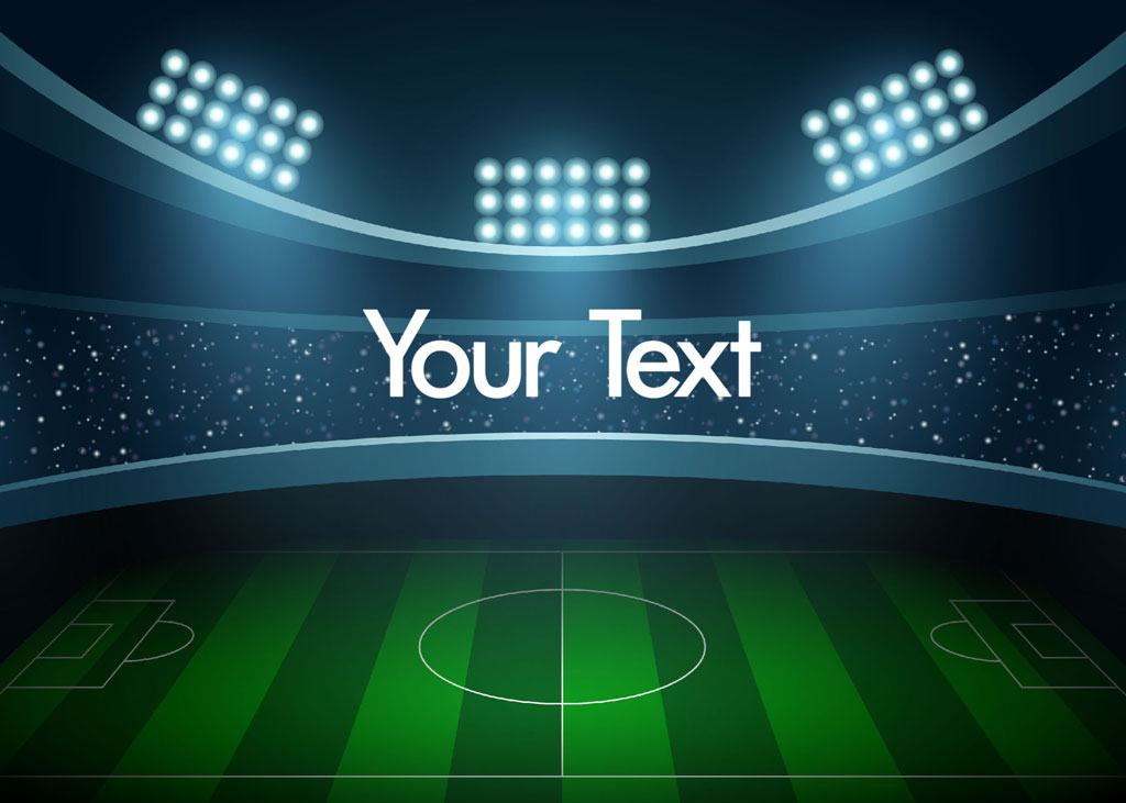 A soccer stadium with a green field and bright lights.