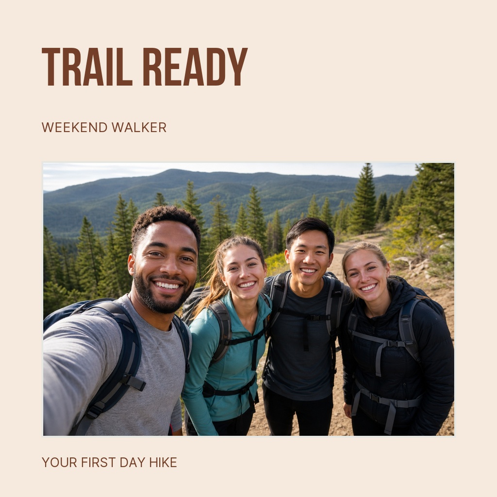 Four hikers smiling for a selfie on a mountain trail with forested hills behind them.
