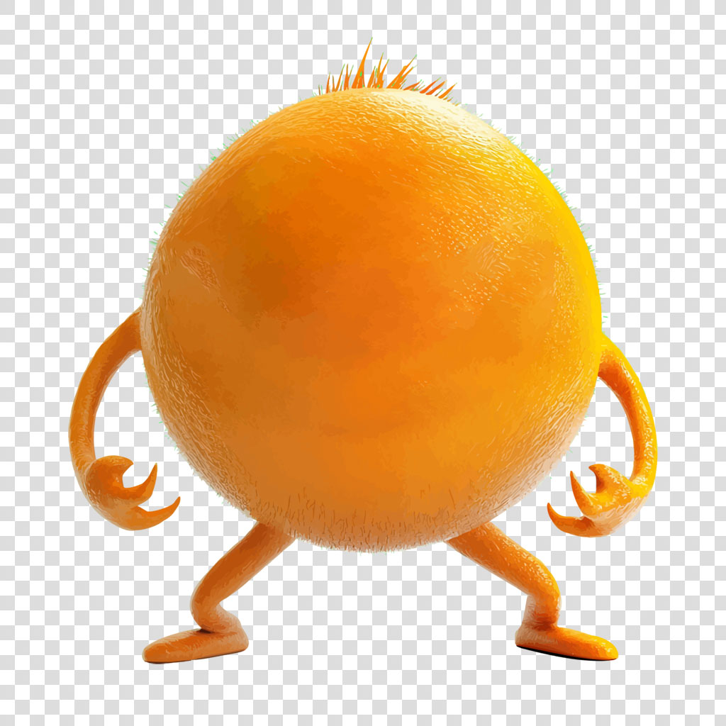 A cartoon orange with a smiling face and flexed arms