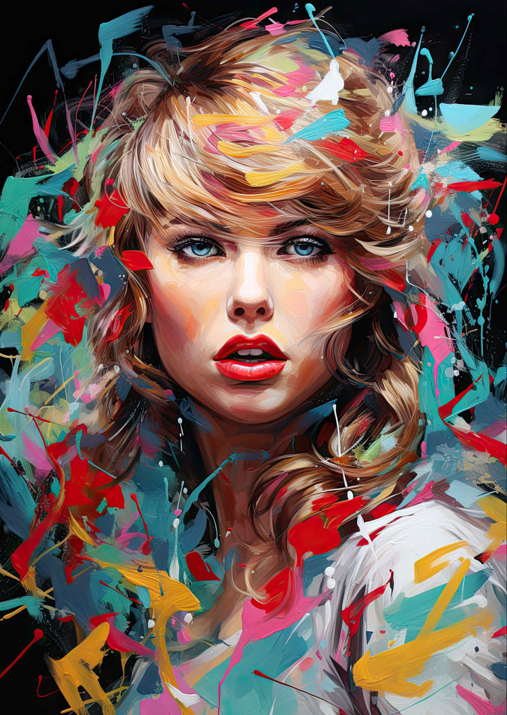 A painting of a woman with blonde hair and blue eyes surrounded by colorful splatters.