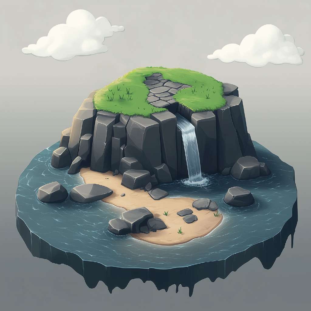 A cartoon island with a waterfall and rocks