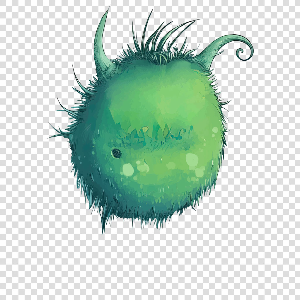 A green, furry monster with horns and a curled tail
