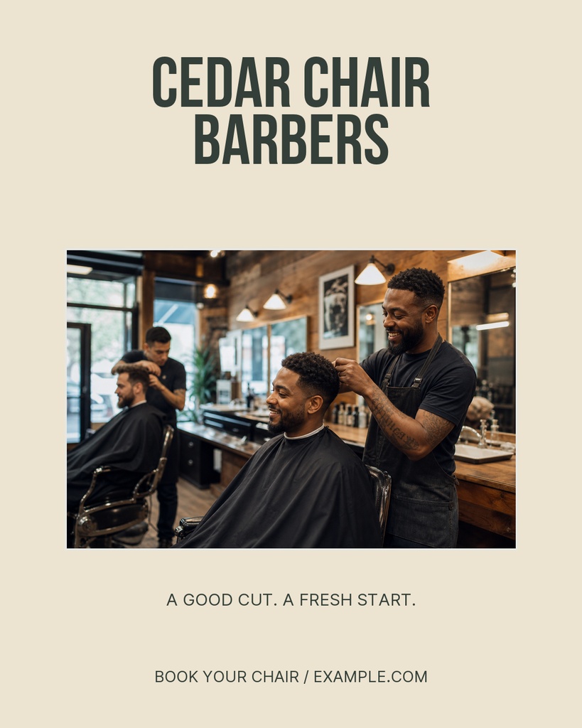 Barber shop portrait post with a barber cutting a client’s hair and bold headline text.