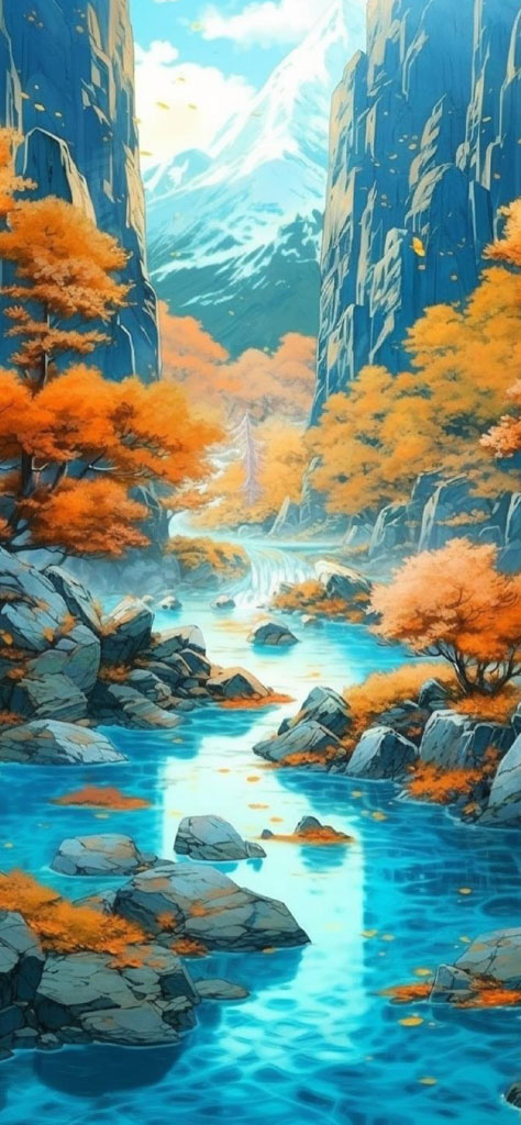 A serene digital painting of a river surrounded by mountains and orange trees