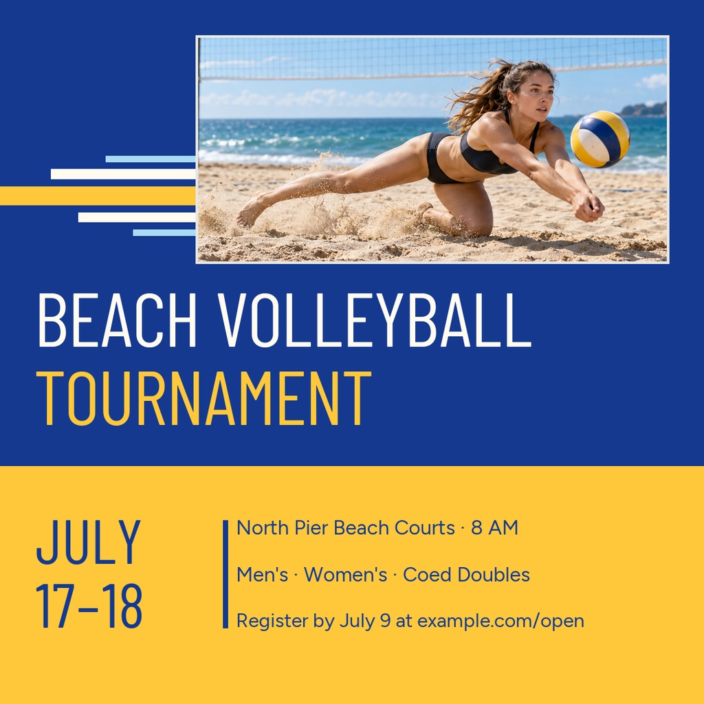 Square post template with a beach volleyball action photo and tournament details on blue and yellow panels.