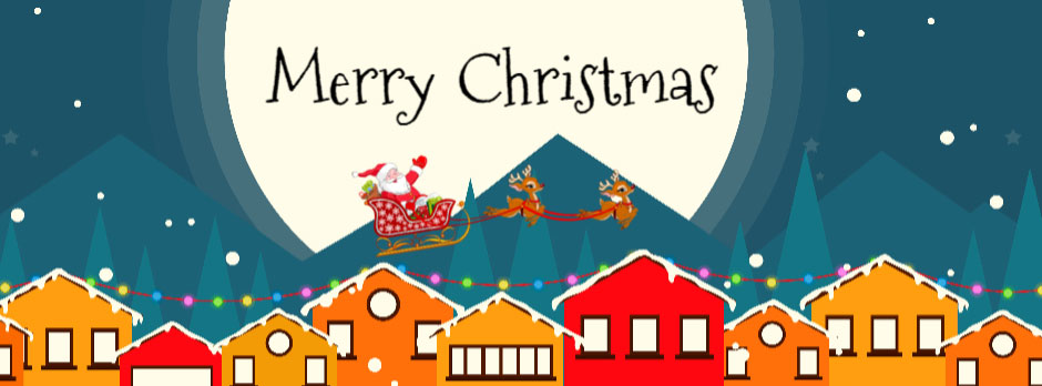 Merry Christmas illustration with Santa flying over houses