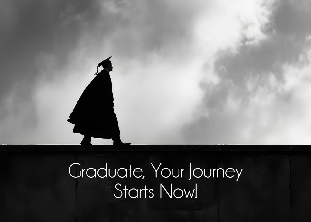 Silhouette of a graduate walking on a wall with a cloudy sky