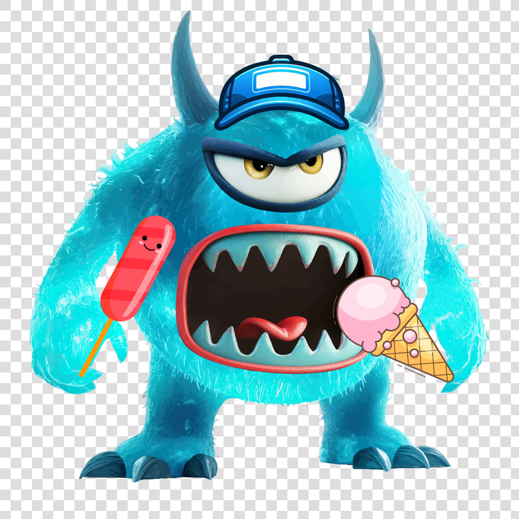 A blue monster with sharp teeth and horns, holding a popsicle and ice cream cone.