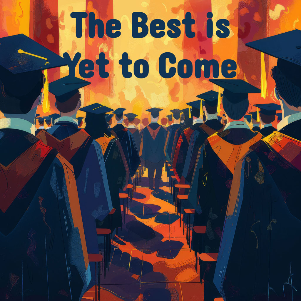 Graduates in caps and gowns walking towards a bright future