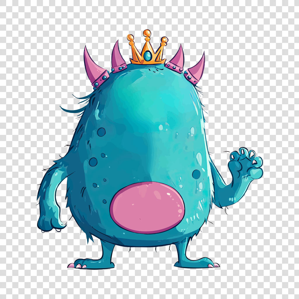 A blue monster with pink nose and horns wearing a golden crown