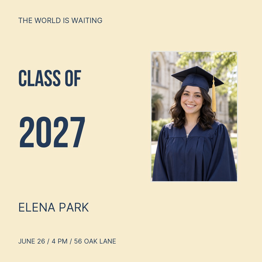 Square graduation post with a smiling graduate in cap and gown beside Class of 2027 text.