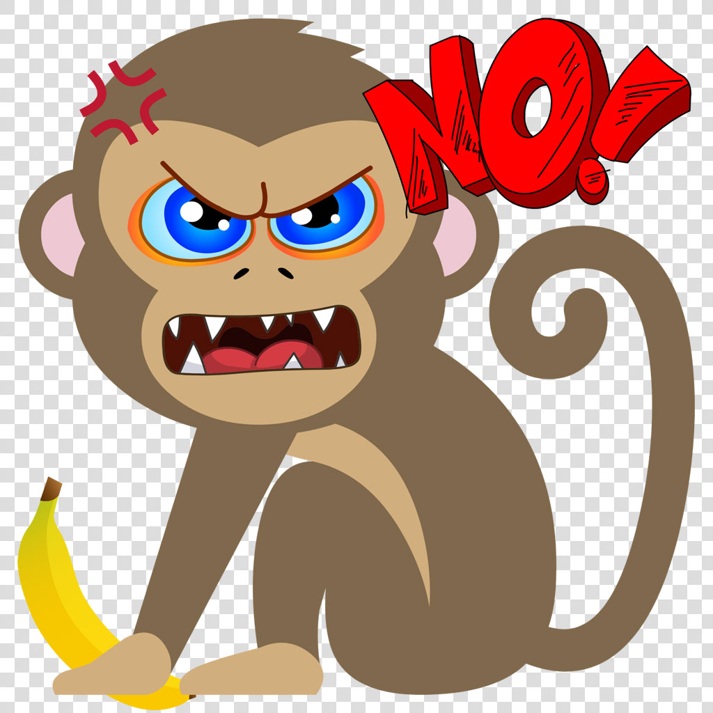 Angry cartoon monkey with blue eyes and sharp teeth holding a banana