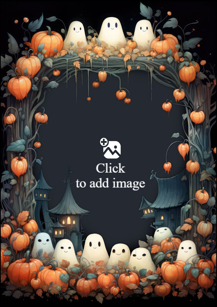 A Halloween-themed illustration with ghosts and pumpkins around a dark frame.